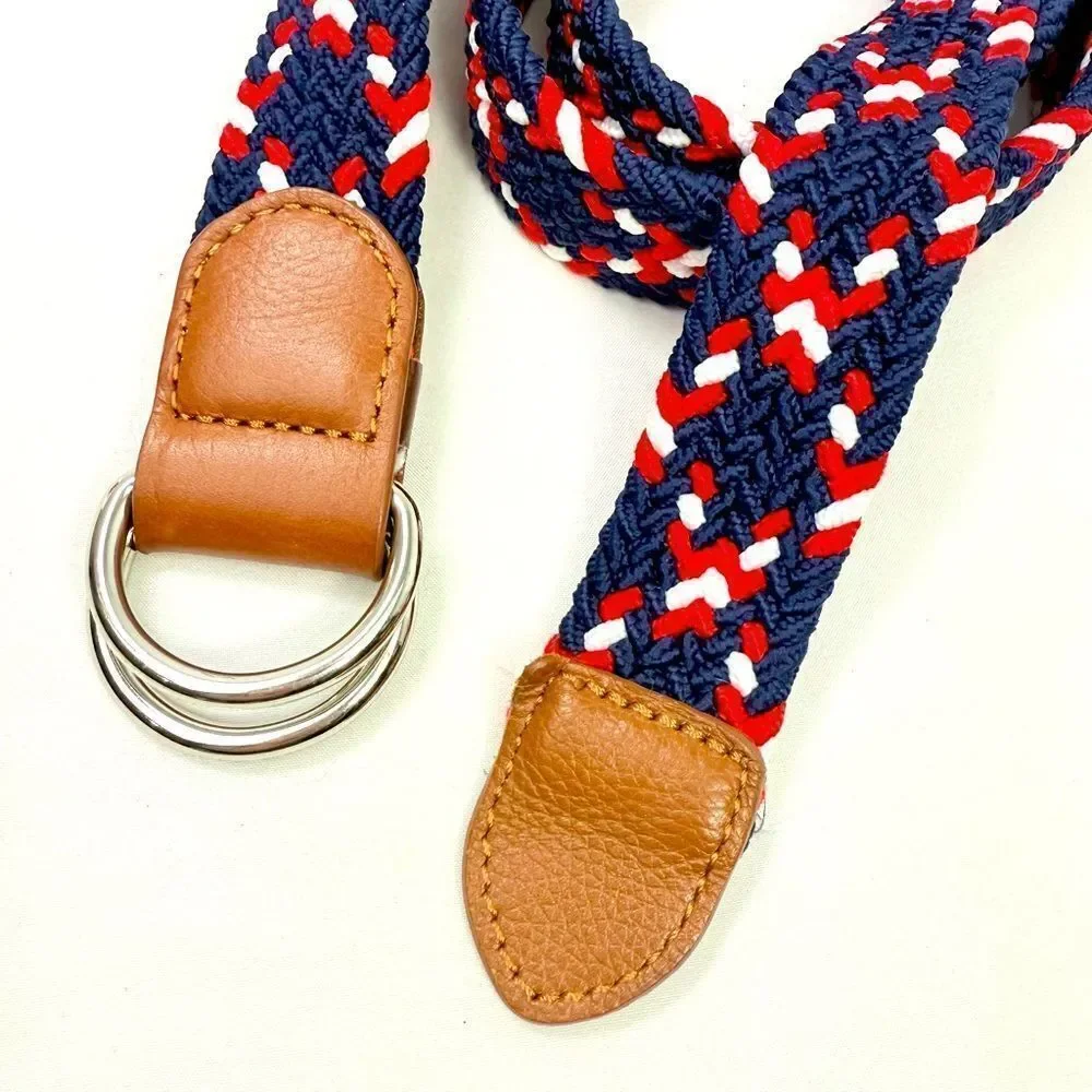 Dibi Red Blue White Woven Leather Tip D Buckle Stretch Nautical Coastal Belt
